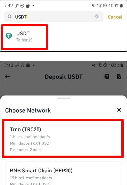 테더 USDT 검색 하는 창과, 네트워크 TRC20을 선택하는 창