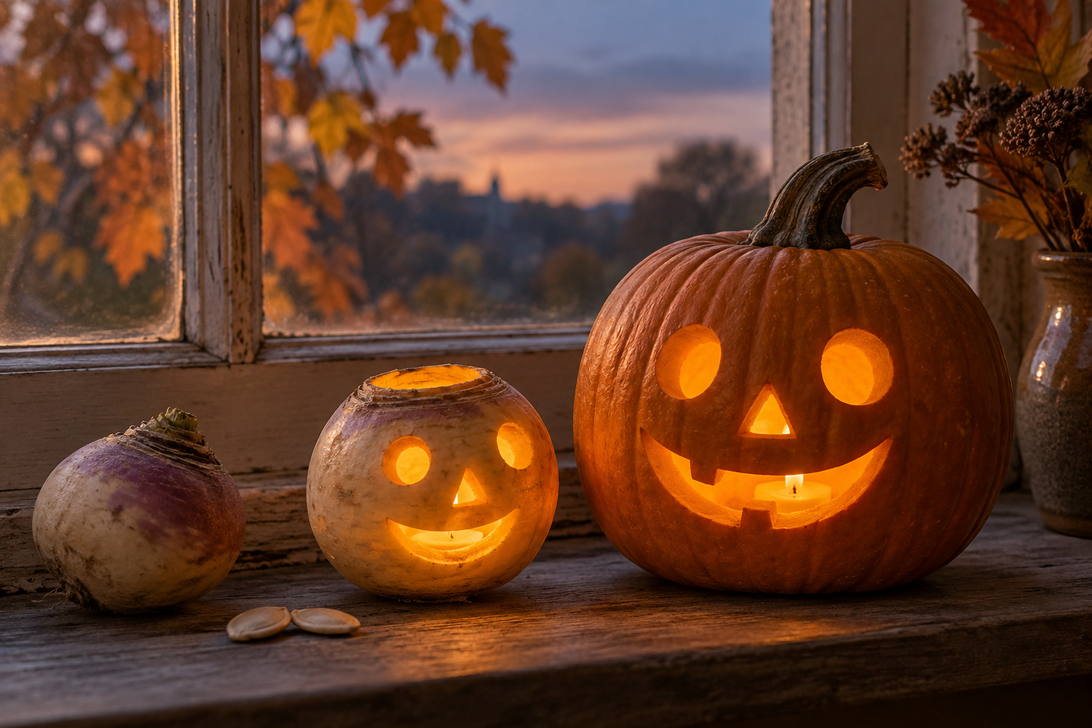 A small carved turnip and a larger pumpkin lit from inside on an autumn windowsill