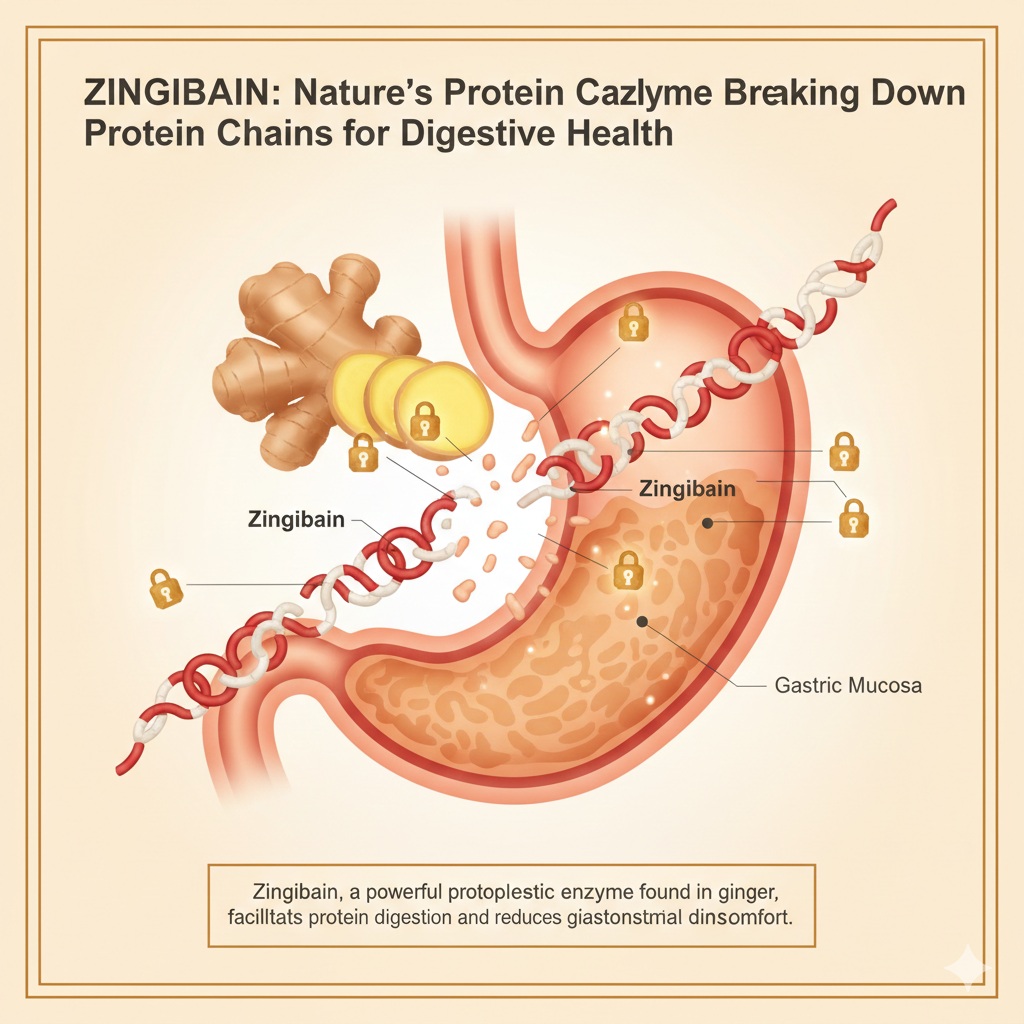 Mechanism of Zingibain enzyme breaking down protein chains in the stomach