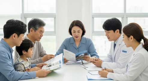 노인장기요양 혜택관련 안내 받는 가족들
