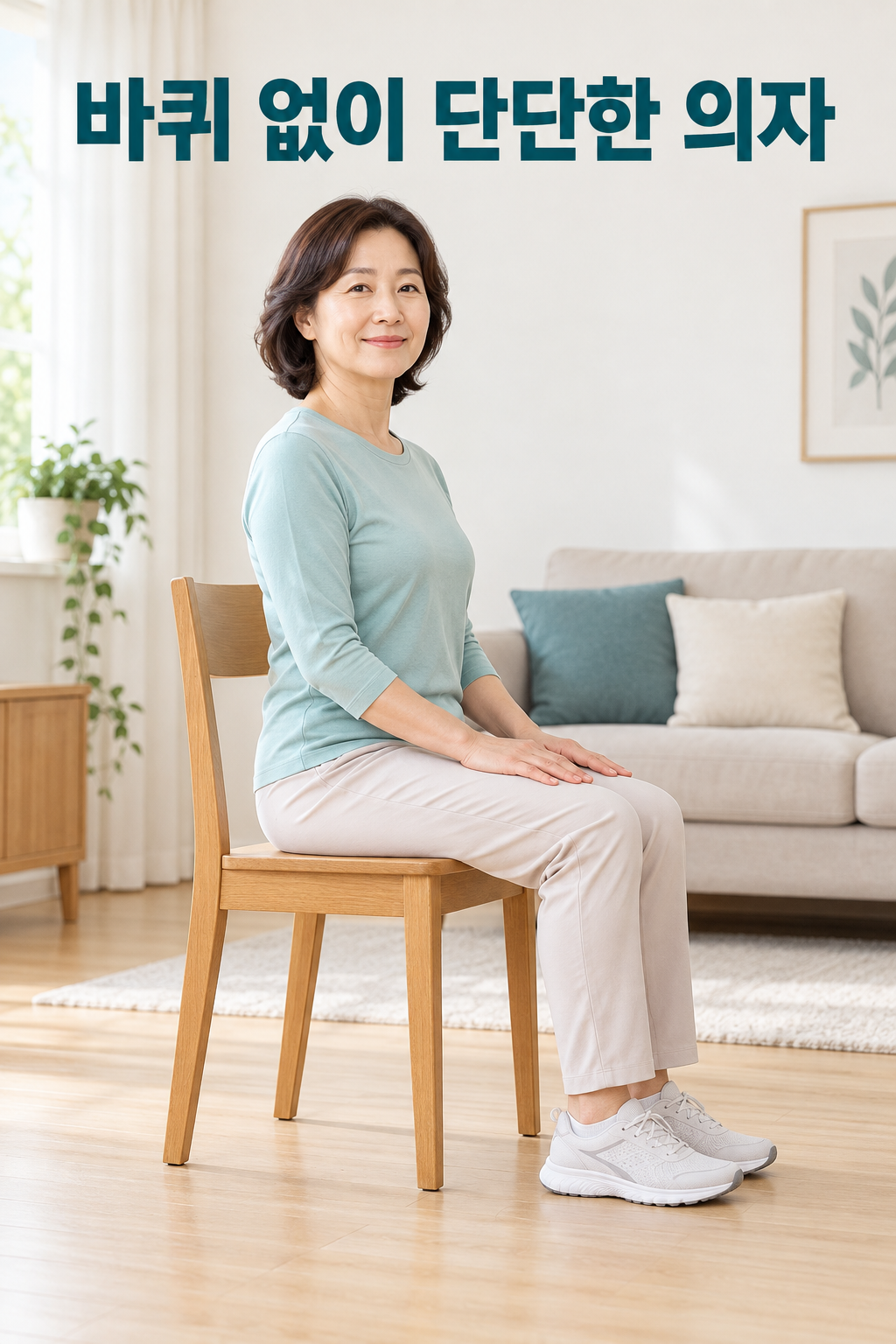 바퀴 없는 단단한 의자에 앉아 발바닥을 바닥에 댄 성인