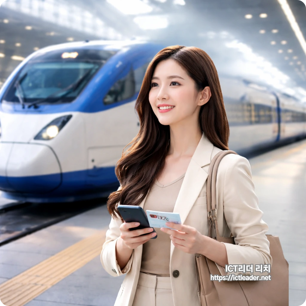 서울 광주 이동을 상징하는 KTX 호남선 대표 썸네일 이미지로, 밝은 역사 플랫폼에서 스마트폰과 승차권을 들고 탑승을 준비하는 20대 여성과 배경의 KTX 열차가 함께 담긴 프리미엄 실사형 블로그 대표 이미지