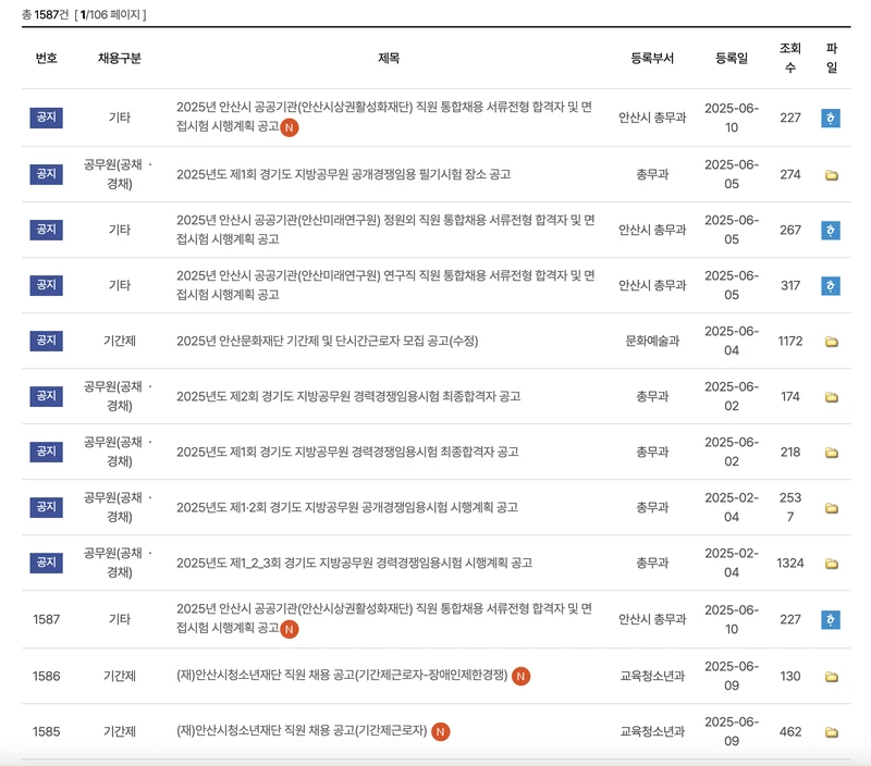 안산시청-구인구직-공공일자리-2025년6월