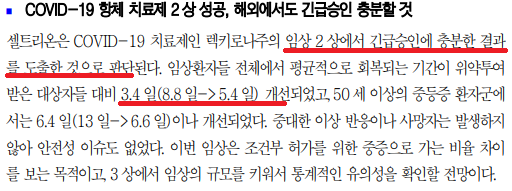 항체치료제 렉키로나주 임상 발표 내용 출처 : 유진투자증권 한병화 애널리스트 보고서