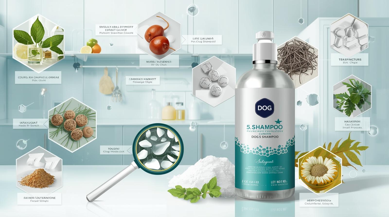 수의사가 말하는 "진짜 좋은" 강아지 샴푸 성분 5가지-자연유래성분의 허브 종류와 식물들이 보여지고 주방테이블위에 샴푸와 가루가 올려져있는 이미지(위생적인 깔끔한 분위기)
