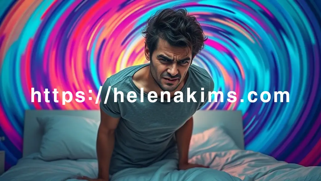 침대에서 일어날 때 세상이 빙글빙글 도는 회전성 어지럼증을 느끼는 남성 모습.