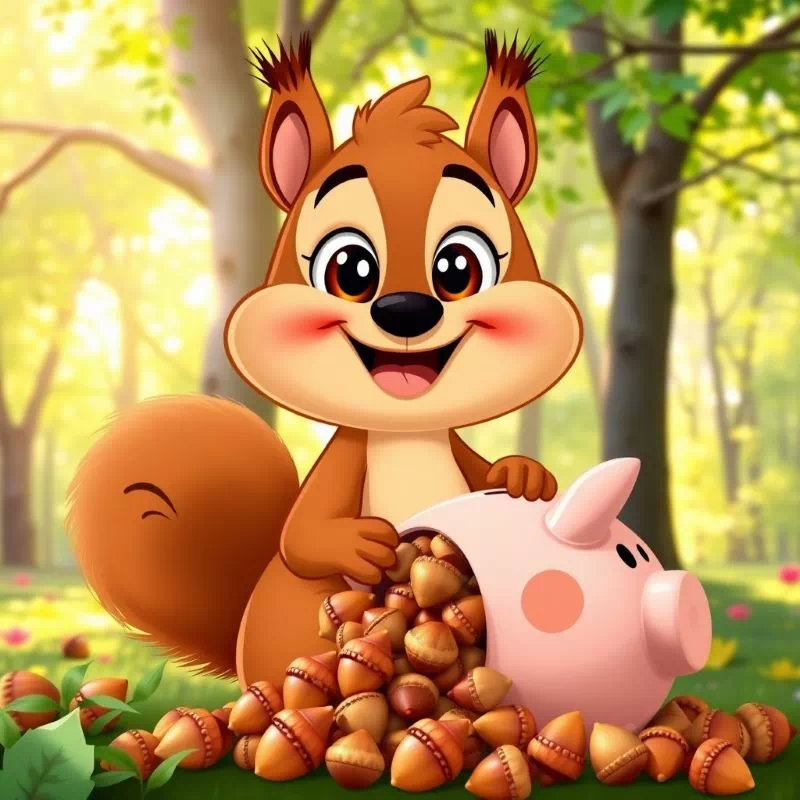 귀여운 다람쥐 캐릭터가 도토리를 가득 모은 통장을 보며 만족스럽게 웃고 있는 모습