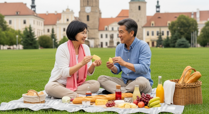 아름다운 유럽 공원에서 직접 준비한 피크닉 점심을 즐기는 50대 한국인 부부, 현지 식재료로 알뜰하게 식사하는 모습.