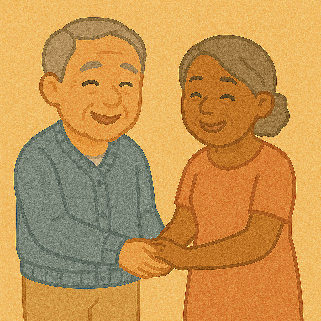 다문화 부부 노인이 연금수령을 받고 웃고 있다.