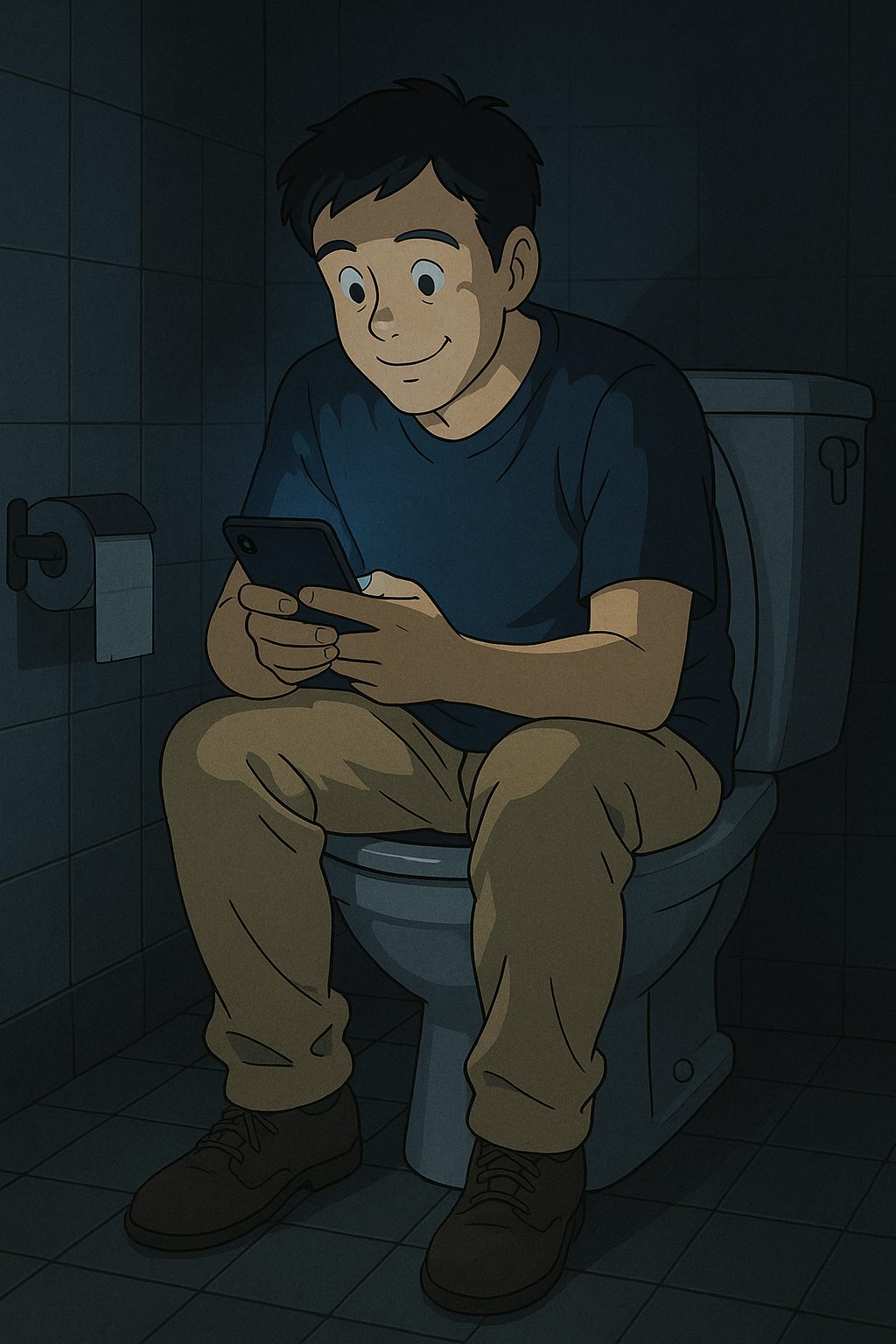 스마트폰에 집중한 화장실 속 인물 &ndash; 몰입인가 회피인가