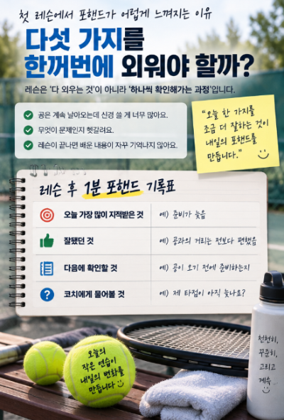 테니스 포핸드 기본 자세, 첫 레슨에서 5가지를 한꺼번에 외워야 할까?