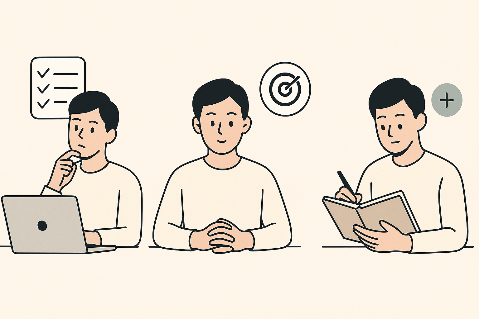 ChatGPT 아침 루틴 3단계 &ndash; 우선순위, 감정 탐색, 자기 점검을 보여주는 일러스트 세트