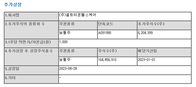 셀트리온헬스케어 추가상장(주식배당)