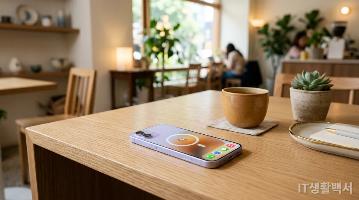 미니멀한 디자인의 아이폰 17e가 놓인 한국 카페의 모습