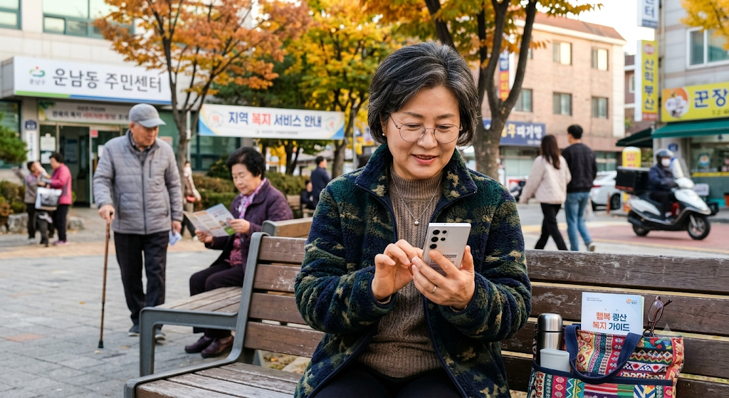 스마트폰으로 우리 동네 복지지원 정보를 찾아보는 중장년층의 모습
