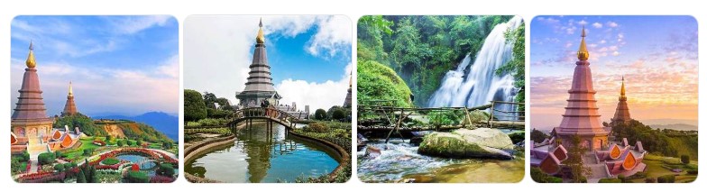 치앙마이 도이 인타논 국립공원의 체디, 정원, 폭포가 어우러진 풍경