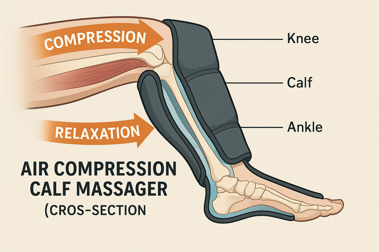 종아리 마사지기의 공기압 작동 원리를 보여주는 구조도