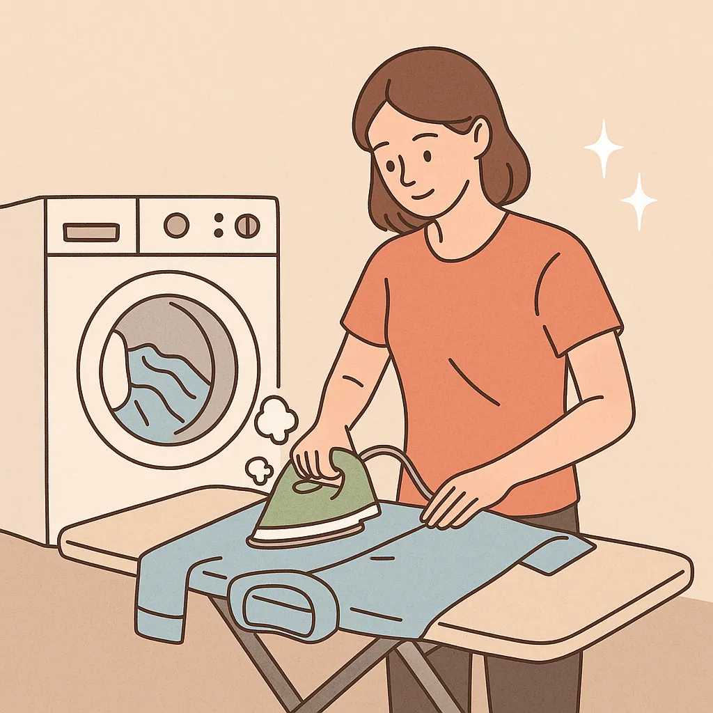 빨래-후-바로-다림질하면-옷이-더-오래-가는-이유를-상징적으로-표현한-일러스트-이미지로-세탁기와-다림질하는-사람을-묘사