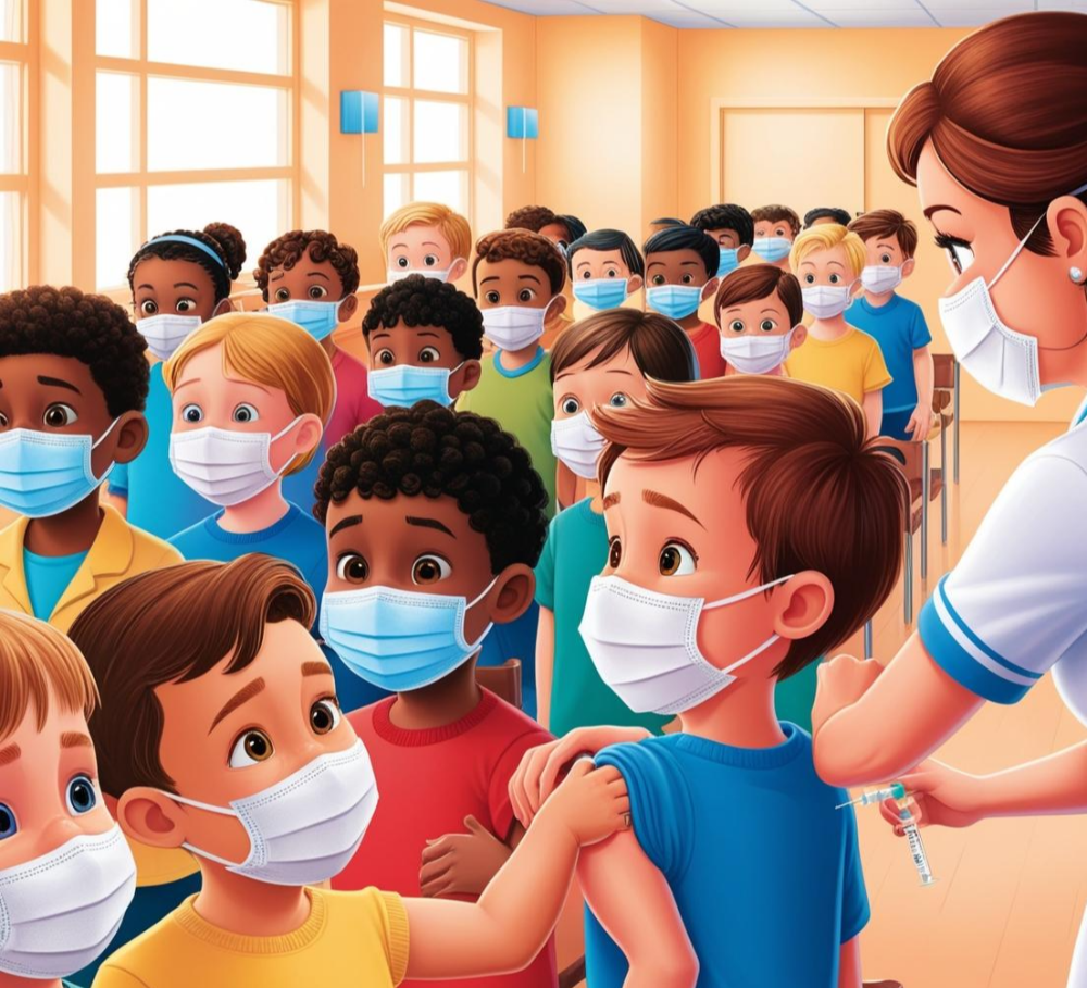 아이들이 백일해 예방접종주사를 맞고 있는 이미지