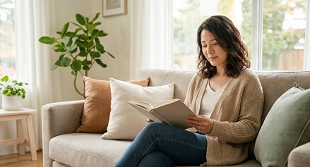 소파에 앉아 책을 읽으며 마음을 정리하는 모습