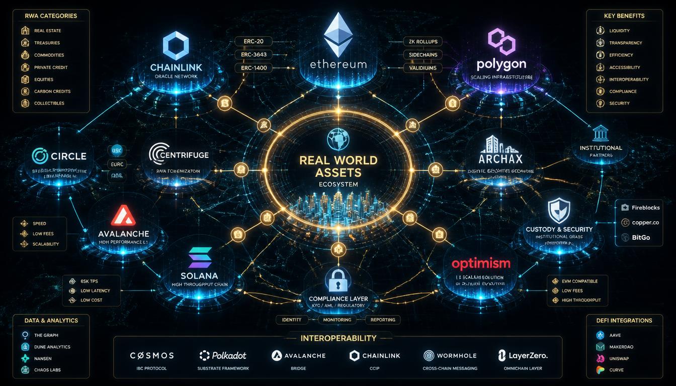 Interconnected network grid of major blockchain infrastructure tokens and ecosystems powering the RWA market.