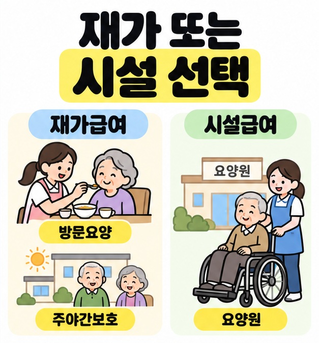 방문요양과 주야간보호를 이용하는 재가급여와 요양원에서 받는 시설급여를 나란히 비교한 그림