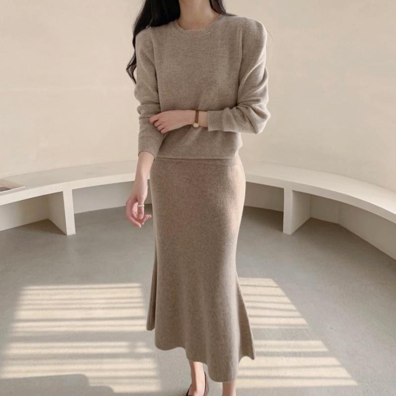 퍼프 캐시미어 니트 투피스 머메이드 니트 스커트 세트 2컬러