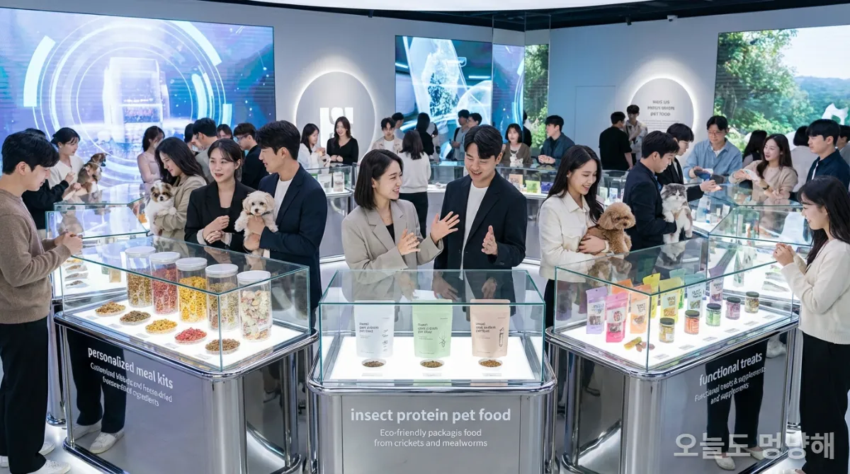 다양한 혁신적인 펫푸드 제품이 전시된 한국 펫푸드 박람회 풍경