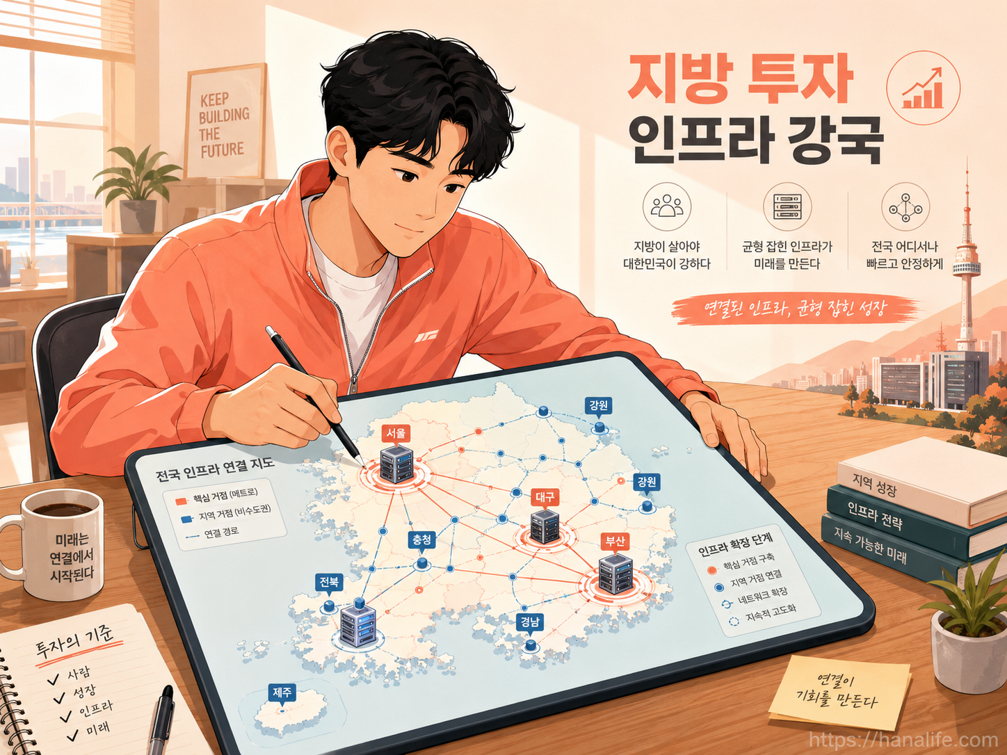 전국 거점 산업단지로 뻗어나가는 대한민국 AI 데이터센터 네트워크 가상 맵 인포그래픽