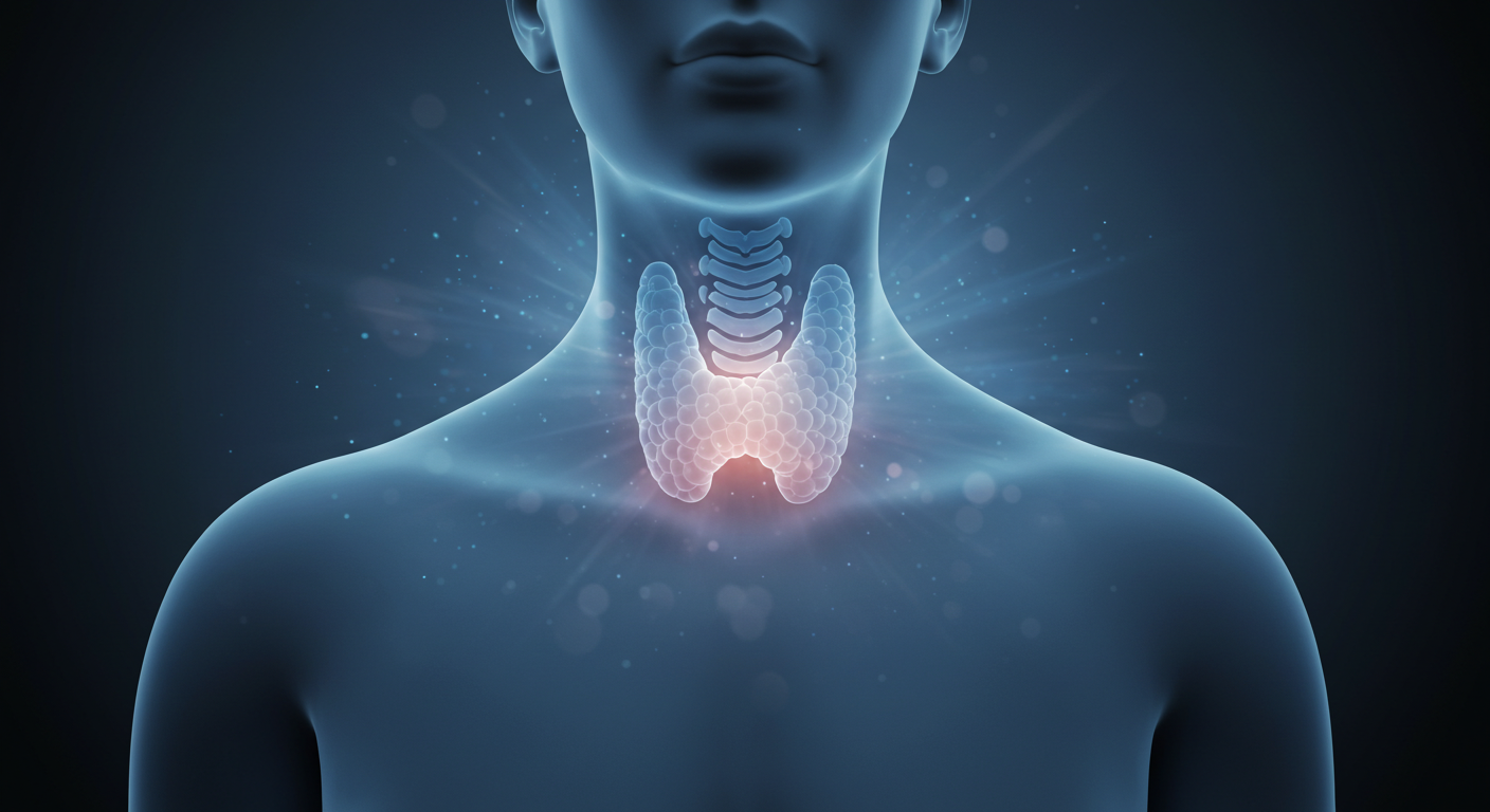 인체의 목 부위에 은은하게 빛나는 섬세한 나비 모양의 윤곽(갑상선을 상징)을 표현한 이미지