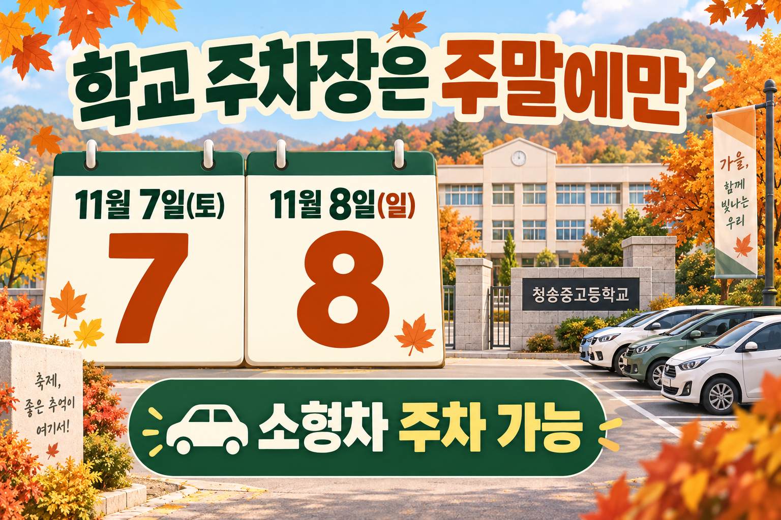 청송중고등학교 주차장은 소형차로 11월 7일 토요일과 8일 일요일에 이용 가능한 안내