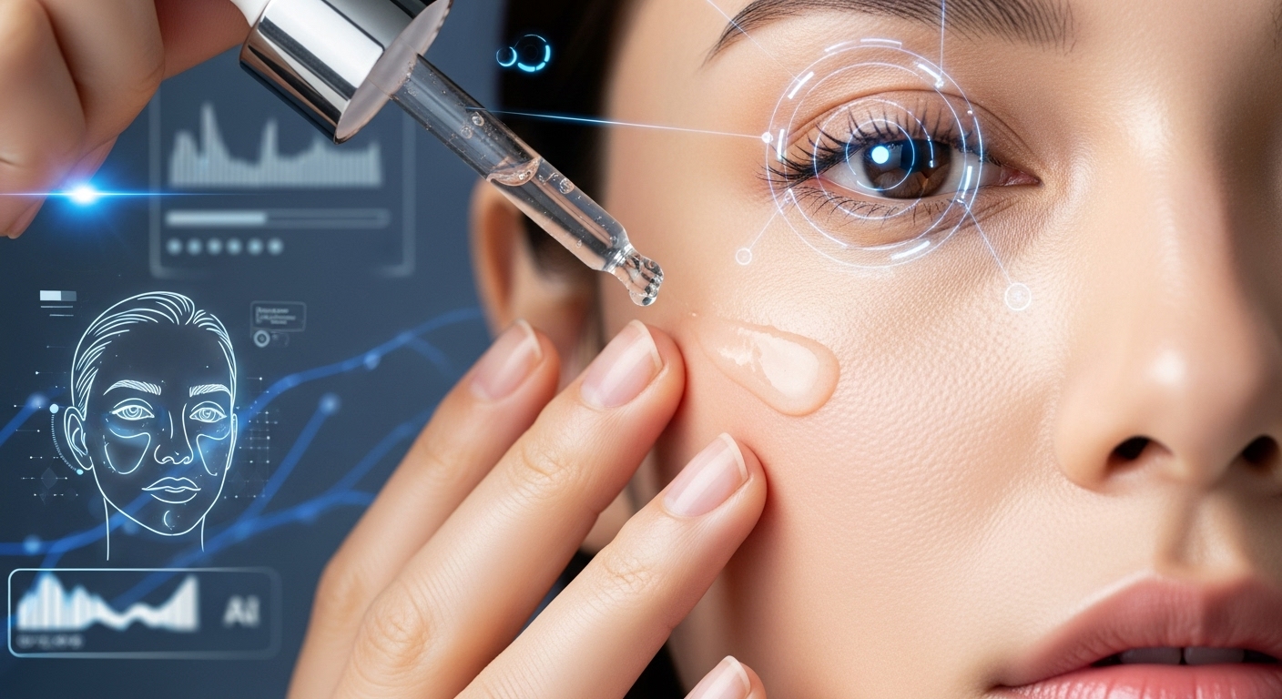 기술과 맞춤형 뷰티를 상징하는, 건강하게 빛나는 피부에 K뷰티 세럼을 바르는 손.