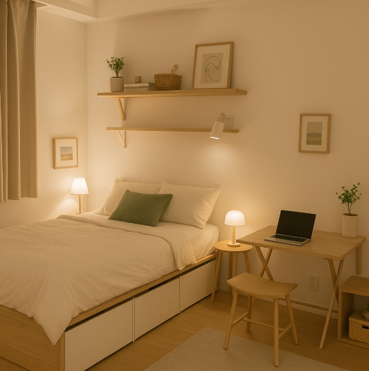 구역별 조명이 설치된 깔끔하고 감성적이 원룸 인테리어 모습