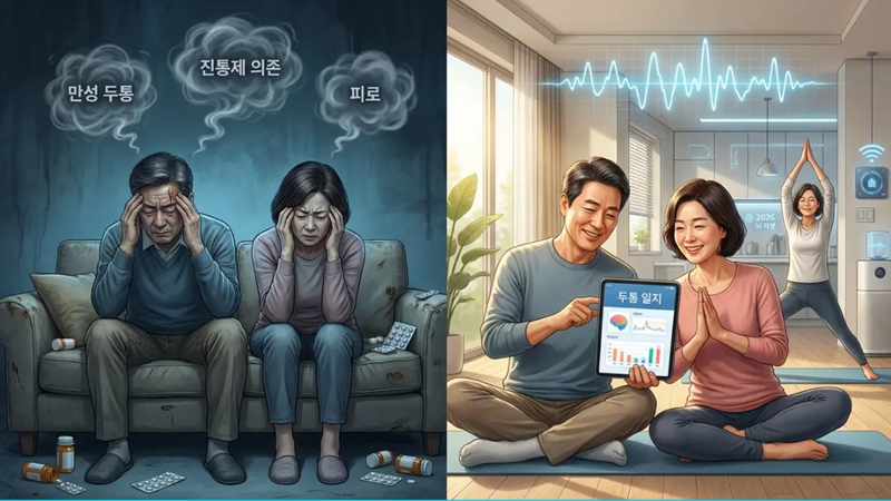 만성 두통으로 고통받던 중장년 남녀가 두통 패턴을 분석하고 약 없이 해결법을 찾아 맑고 개운한 일상을 되찾는 Before/After 모습. 두통 해결법과 뇌 건강.