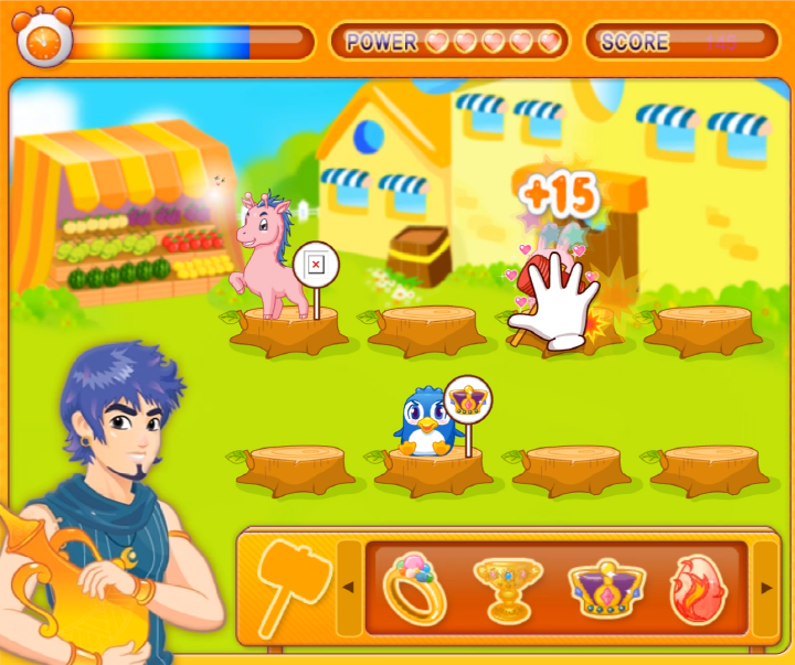 와글와글-장터-아르바이트-초급-플래시게임-플레이-불량-아이템을-들고-있는-토끼를-뿅망치로-때리는-장면