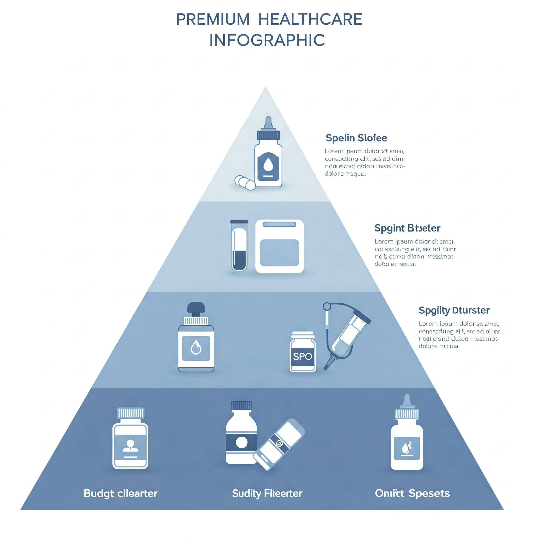 상황: 5개 제품을 피라미드처럼 배치, 품질별 등급 구분 / 방식: 미니멀한 인포그래픽 / 톤: 의료+프리미엄 헬스케어 느낌