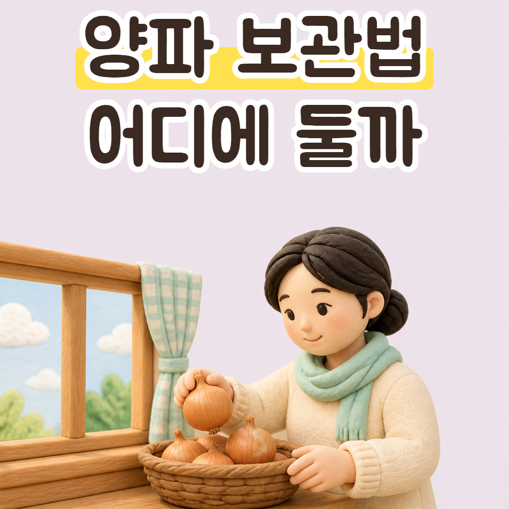 부엌 창가 바구니에 양파를 담아 정리하는 성글이