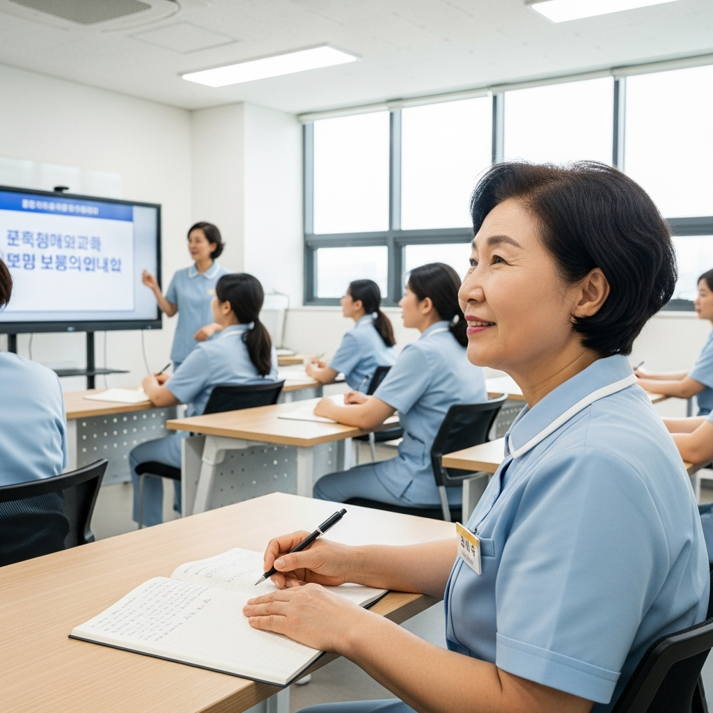 2025년 요양보호사 보수교육에 참여하여 강사의 설명을 경청하고 있는 요양보호사들의 모습