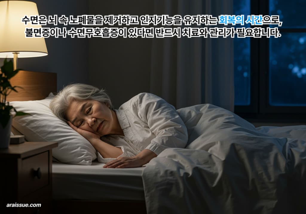 고령 여성이 조용하고 안정적인 환경에서 편안하게 수면을 취하는 장면으로, 하루 7~8시간의 깊은 잠이 뇌 회복과 인지기능 유지를 돕는다는 건강정보를 시각화한 이미지입니다.