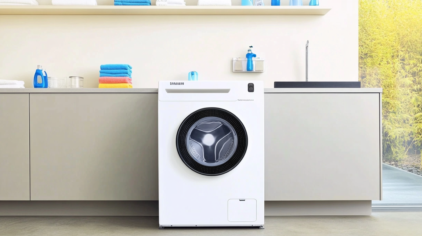 현대적인 세탁실에 있는 삼성 WF2420HCVVC 세탁기, 비스포크 디자인의 화이트, 그레이지, 블랙캐비어 옵션을 강조한 세련된 모습