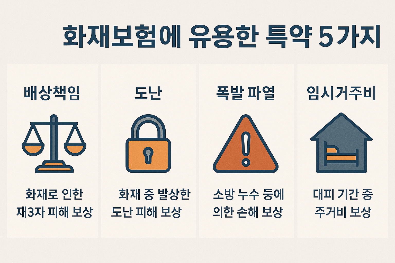 화재보험에 유용한 특약 5가지 요약 인포그래픽 – 배상책임, 도난, 폭발, 임시거주 보장 항목 강조