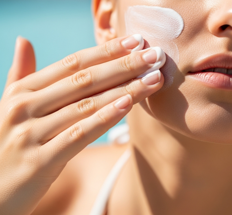 잊지 말고 선크림을 꼼꼼히 바르는 모습