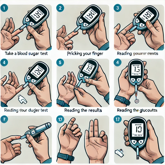 혈당 측정 과정을 손가락 채혈부터 글루코미터로 결과 확인까지 단계별로 보여주는 일러스트.