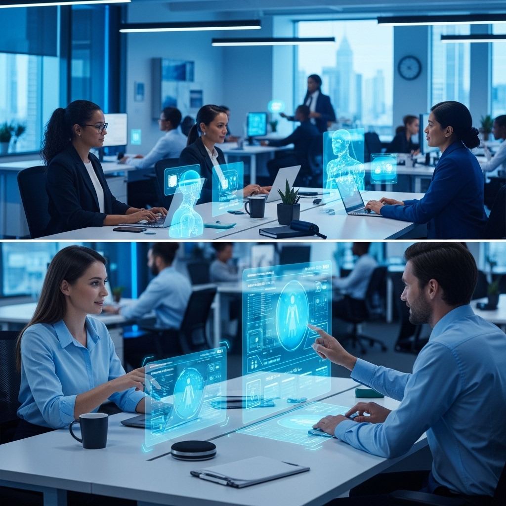 2025년 최신 AI 비서가 업무 효율을 높이는 미래 사무실 풍경. 사람들이 홀로그램 인터페이스와 AI 비서와 상호작용하며 생산적으로 일하는 모습.