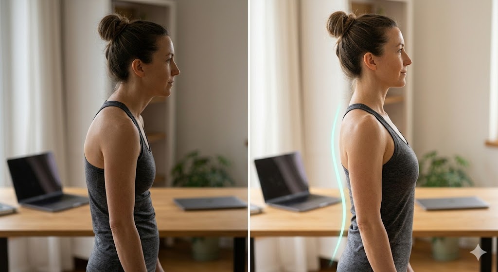 "모니터 앞에 앉아 있는 사람의 옆모습. 한쪽은 어깨가 안으로 굽고 고개가 나간 나쁜 자세, 다른 한쪽은 어깨가 펴지고 허리가 곧은 바른 자세를 비교하여 보여주는 전문적인 건강 이미지."