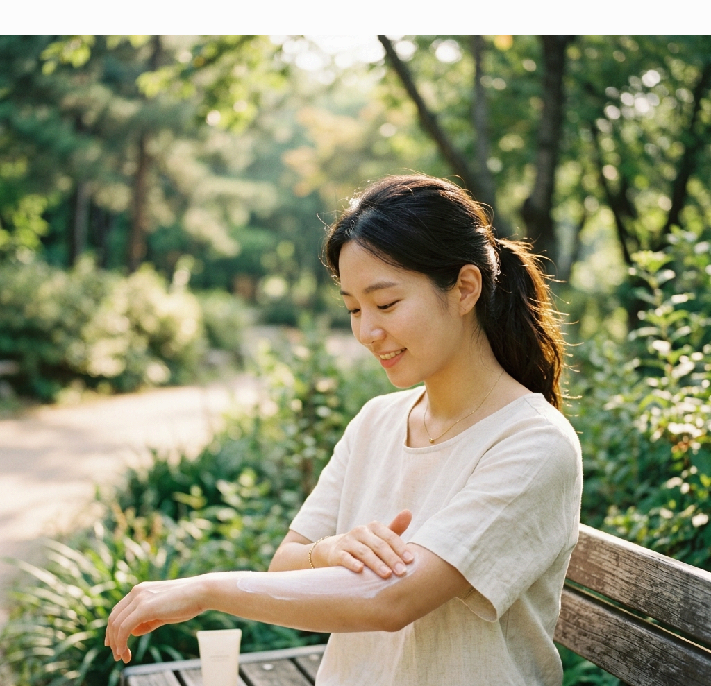 야외에서 팔에 자외선 차단제를 바르는 여성