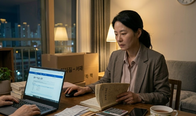 노트북과 공무원 가계부를 펼쳐두고 영수증을 정리하는 워킹맘