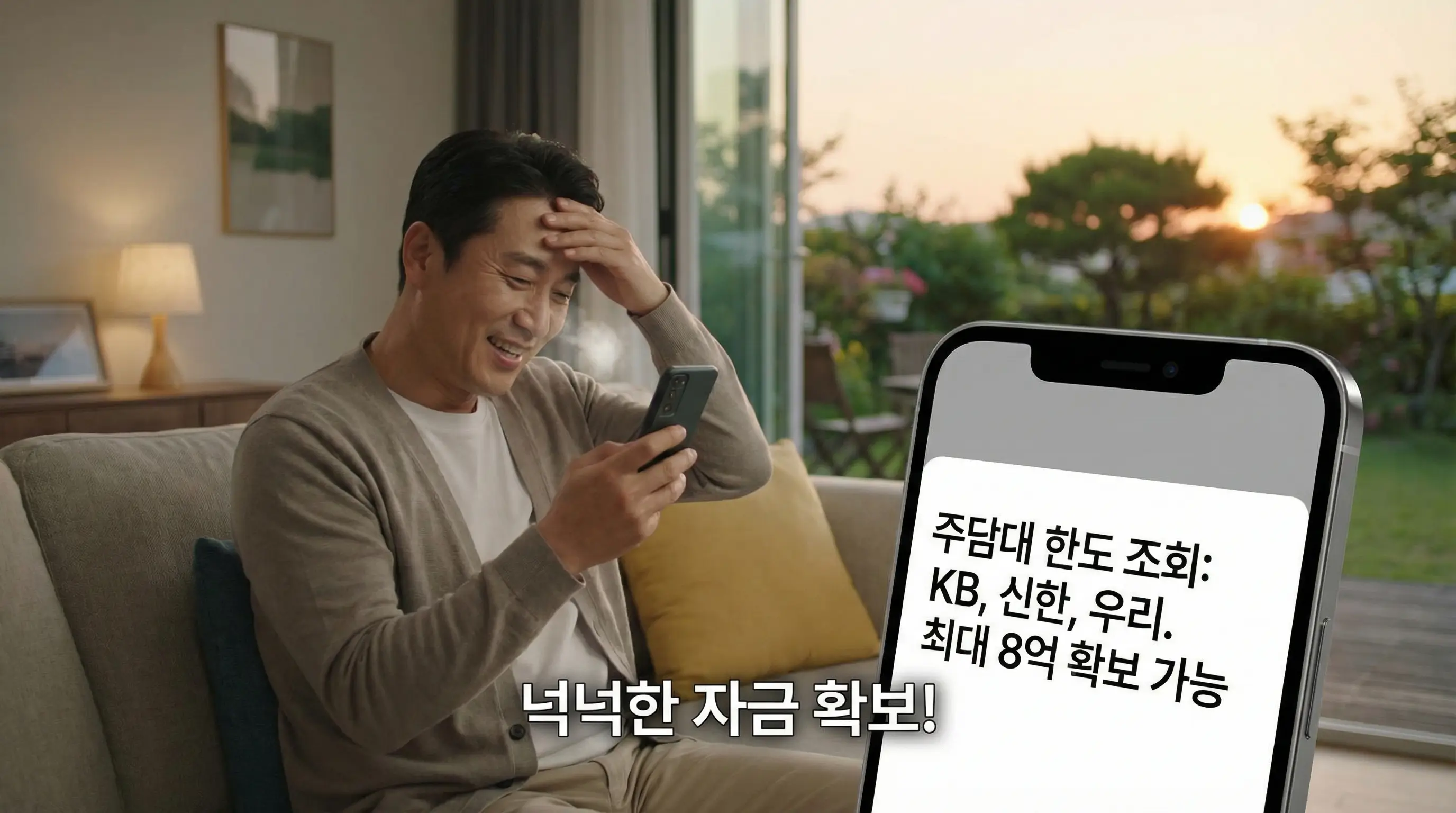 스마트폰으로 다양한 금융사의 주담대 한도를 조회하고 넉넉한 추가 자금을 확보하여 안도하는 모습