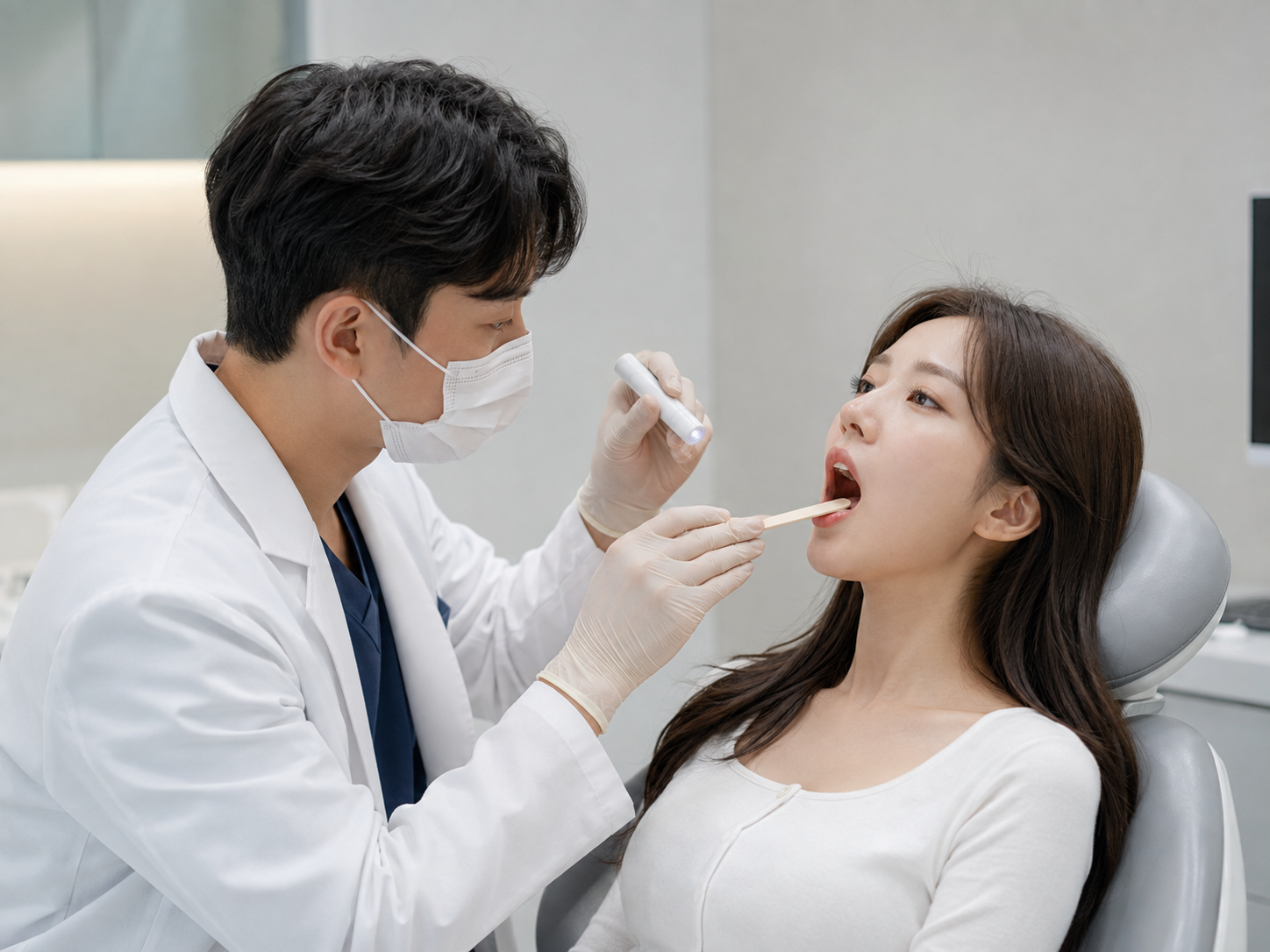 혀 백태가 오래 지속되어 의료진에게 구강 검진을 받는 모습