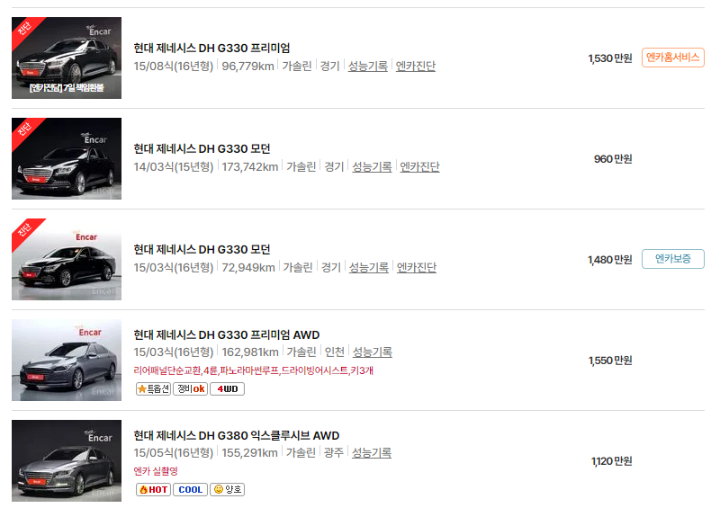 제네시스 G330 중고차 가격 시세표 24년10월